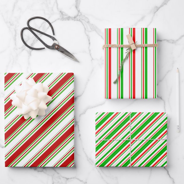 Fun Green, White, Red Christmas-Inspired Stripes Wrapping Paper Sheet (Front)