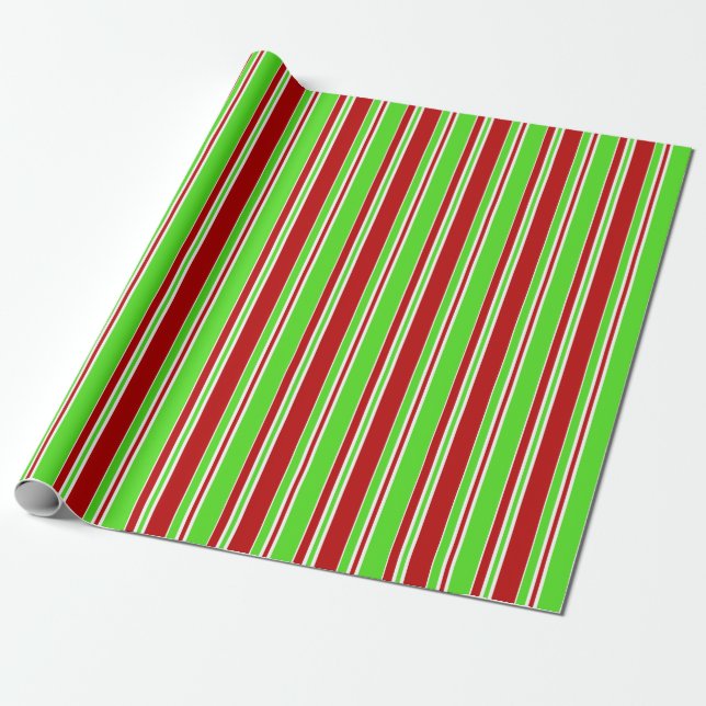Fun Green, White, Red Christmas Style Lines Wrapping Paper (Unrolled)
