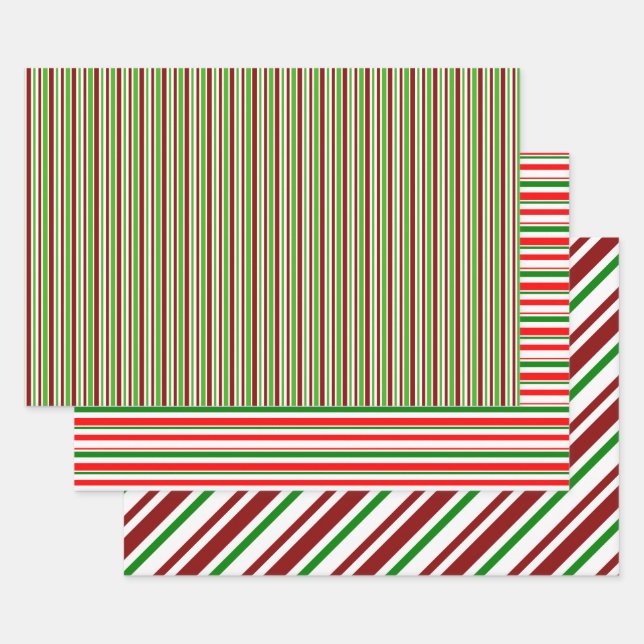 Fun Green, White, Red Christmas Style Patterns Wrapping Paper Sheet (Set)