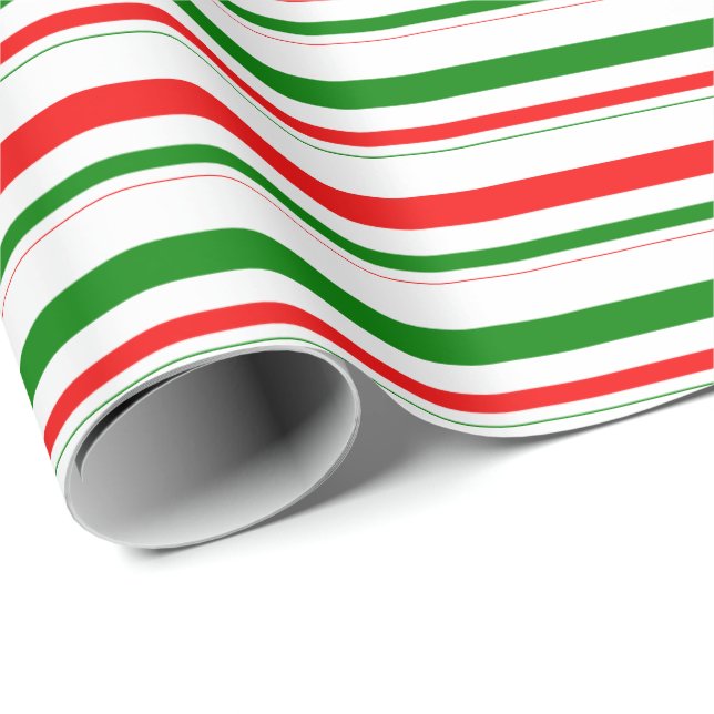 Fun Green, White, Red Christmas Themed Stripes Wrapping Paper (Roll Corner)
