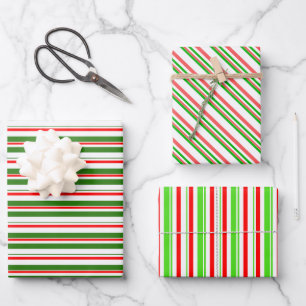 Fun Green, White, Red Christmas Themed Stripes Wrapping Paper Sheet