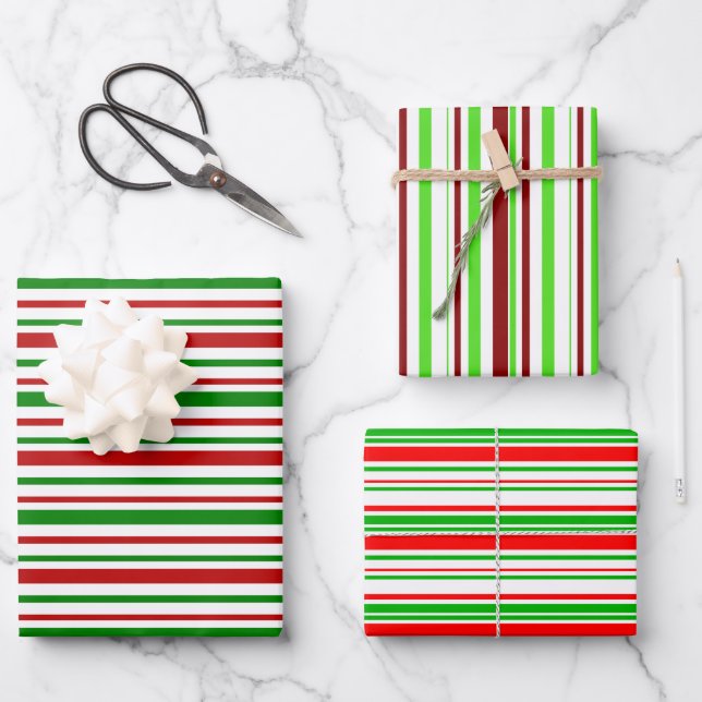 Fun Green, White, Red Stripes/Lines Pattern Wrapping Paper Sheet (Front)