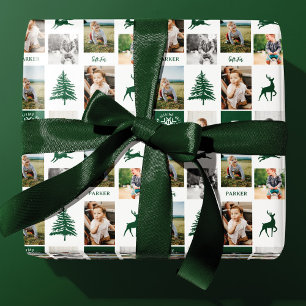Fun Green Woodland Custom Photo Collage Monogram Wrapping Paper