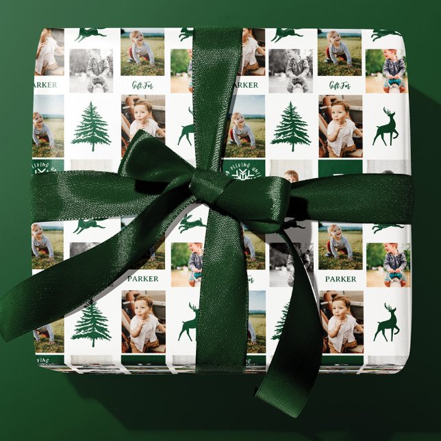 Fun Green Woodland Custom Photo Collage Monogram Wrapping Paper (Creator Uploaded)