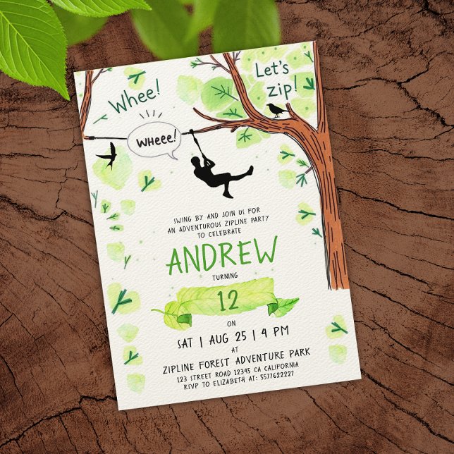 Fun Green Zipline Forest Adventure Watercolor Invitation (Creator Uploaded)