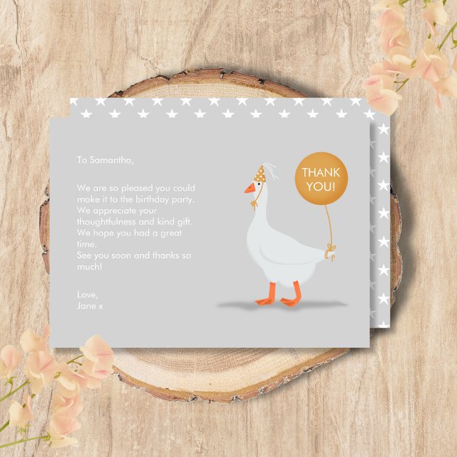 Fun Grey And Yellow Silly Goose 1st Birthday Party Thank You Card (Creator Uploaded)