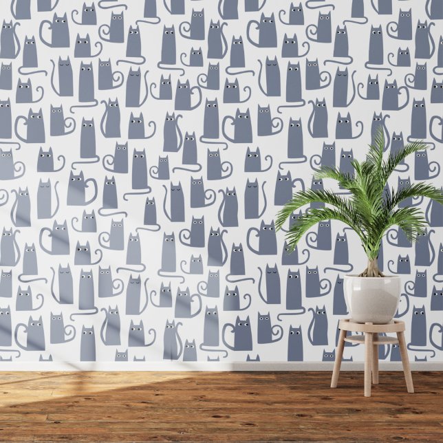Fun Grey Cat Pattern Wallpaper (Gray cats on white art wallpaper)