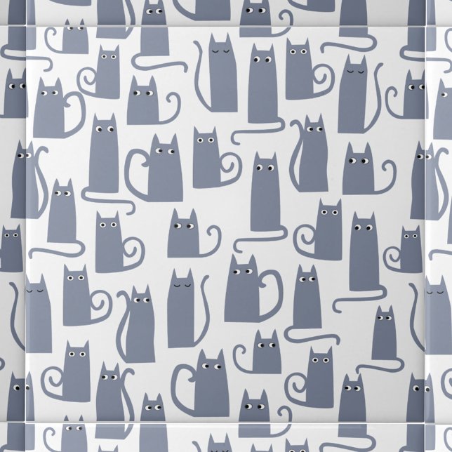 Fun Grey Cat Tile (Blue Gray Cat pattern ceramic tile for animal lovers)