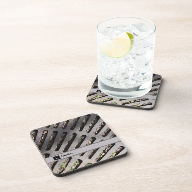 Fun Grey Heavy Metal Grate Look Monogram Coaster (Right Side)