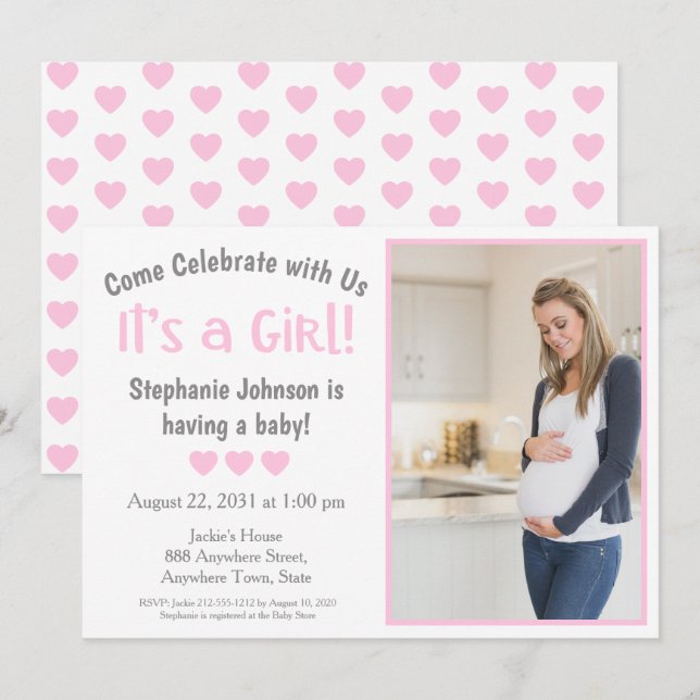 Fun Grey Pink Heart Photo Its a Girl Baby Shower Invitation (Front/Back)