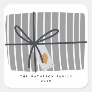 Fun Grey Stripe Wrapped Gift Design Holiday Square Sticker