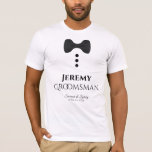 Fun Groomsman Black Tie Wedding T-shirt<br><div class="desc">These fun t-shirts are designed as favours or gifts for wedding groomsmen. The t-shirt is white and features an image of a black bow tie and three buttons. The text reads Groomsman, and has a place to enter the groomsman's name as well as the wedding couple's name and wedding date....</div>