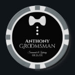 Fun Groomsman Wedding Favour White Bow Tie Tuxedo Poker Chips<br><div class="desc">These poker chips make a wonderful favour for your groomsmen. They feature a fun tuxedo design with a white bow tie and three white buttons on a black background. The text reads "Groomsman" with a place for his name, the names of the couple, and the wedding date. Wonderful keepsake or...</div>