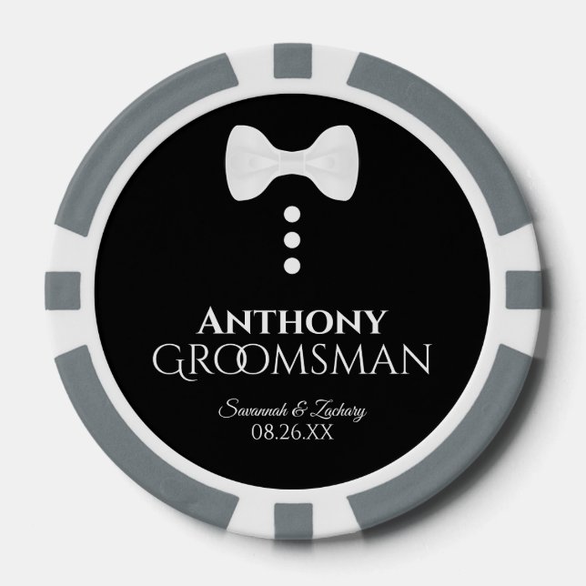 Fun Groomsman Wedding Favour White Bow Tie Tuxedo Poker Chips (Front)