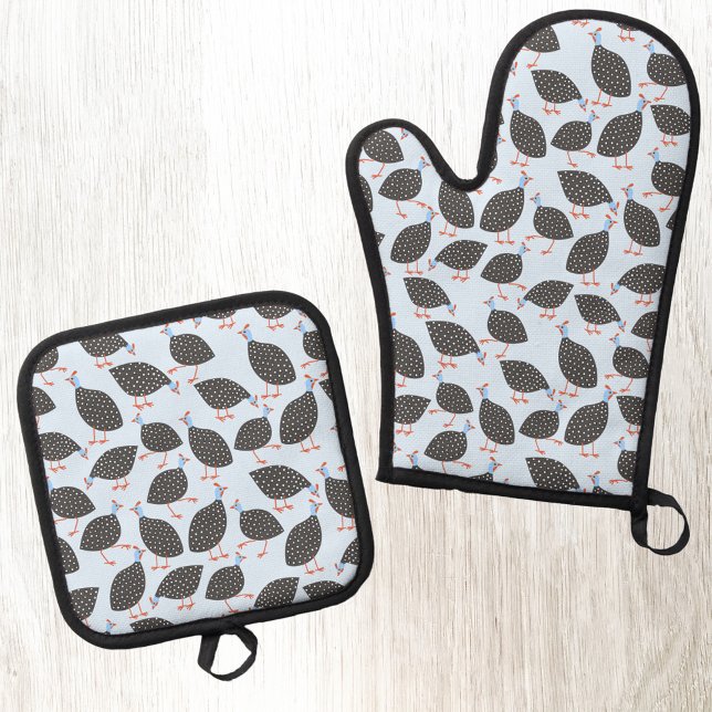 Fun Guineafowl Bird Pattern Oven Mitt & Pot Holder Set (Fun Guineafowl bird pattern kitchen oven glove or mitt and pot holder)