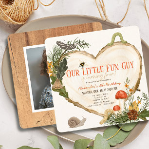 Fun Guy Wood Slice Mushroom Boy Photo Birthday Invitation