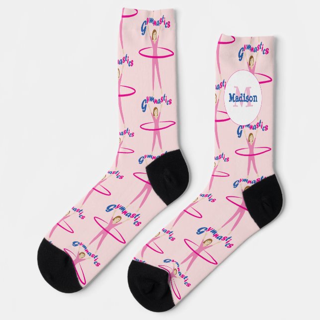 Fun Gymnastics text Pink hula hoop girl Monogram Socks (Left)