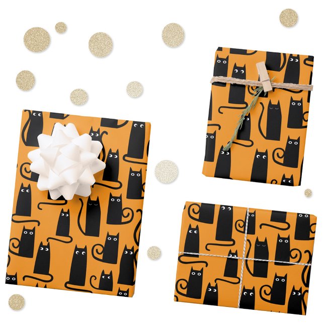 Fun Halloween Black Cat Orange Wrapping Paper Sheet (Fun Halloween black cat pattern gift wrap with art by NicSquirrell )
