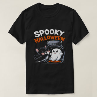 Fun Halloween Cat and Ghost-Fun Spooky Design T-Shirt