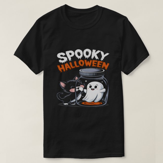 Fun Halloween Cat and Ghost-Fun Spooky Design T-Shirt (Design Front)