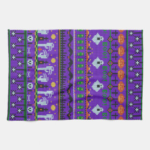 Fun Halloween day stuff purple knitting pattern Tea Towel