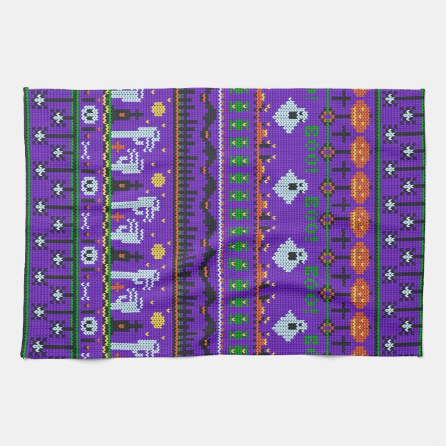 Fun Halloween day stuff purple knitting pattern Tea Towel (Horizontal)