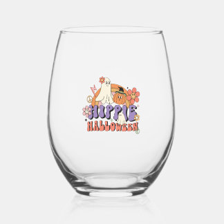 Fun Halloween Designs Hippie Halloween Retro Stemless Wine Glass