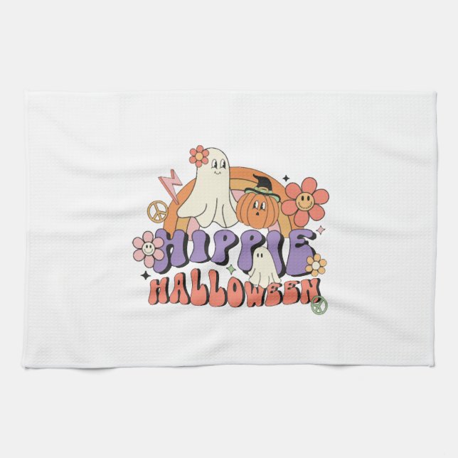Fun Halloween Designs Hippie Halloween Retro Tea Towel (Horizontal)