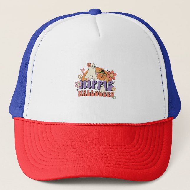Fun Halloween Designs Hippie Halloween Retro Trucker Hat (Front)