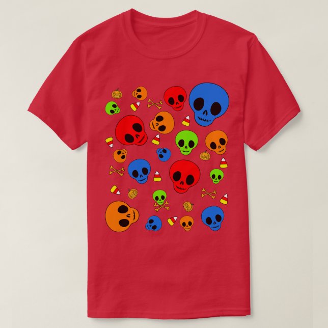 Fun Halloween Elements in Bright Colour Pattern T-Shirt (Design Front)