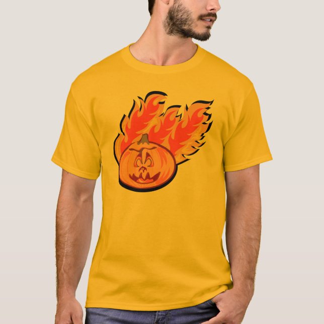 Fun Halloween Flaming Pumpkin Cartoon Art T-Shirt (Front)