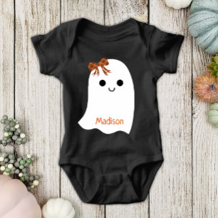 Fun Halloween Girl Ghost Plaid Bow Baby Name Bodysuit