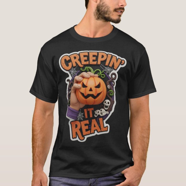 Fun Halloween graphic with jackolantern hand spook T-Shirt (Front)