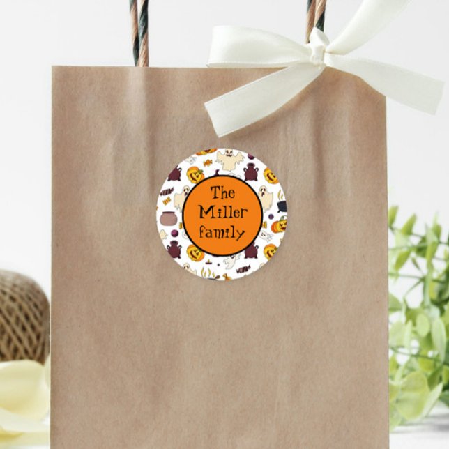 Fun Halloween Illustrations Personalised Monogram Classic Round Sticker (Creator Uploaded)