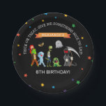 Fun Halloween Kids Costume Birthday Party Paper Plate<br><div class="desc">Halloween birthday tableware featuring a black background,  colourful star confetti,  cartoon fancy dress costume characters,  ghosts,  monsters etc. Personalise by adding your own name and age. Matching Halloween party items available in my store.</div>