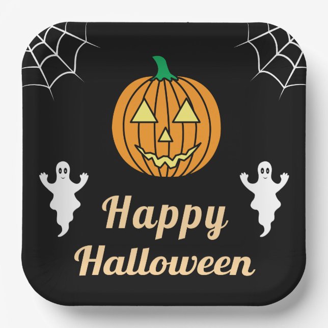Fun Halloween Party Cute Ghosts Pumpkin Spider Web Paper Plate (Front)