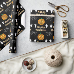 Fun Halloween Party Cute Ghosts Pumpkin Spider Web Wrapping Paper