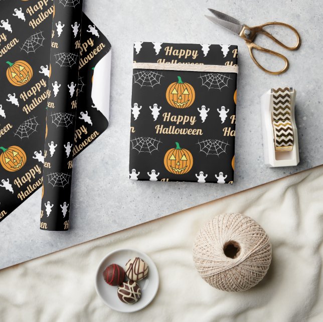Fun Halloween Party Cute Ghosts Pumpkin Spider Web Wrapping Paper (Crafts)