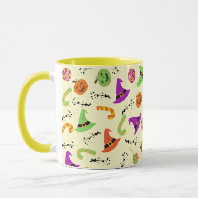 Fun Halloween Patterned Yellow Background Mug (Left)