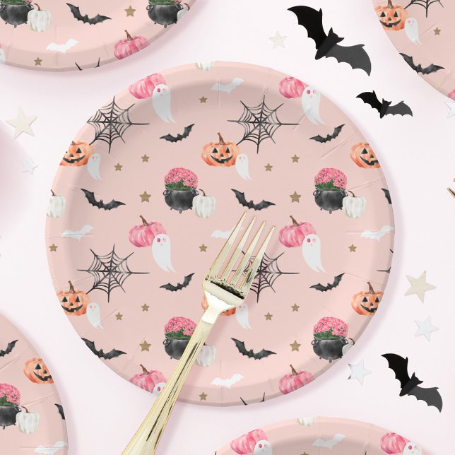 Fun Halloween Pink & Orange Pumpkin Spider Web Bat Paper Plate (Fun Halloween Pink & Orange Pumpkin Spider Web Bat Paper Plates)