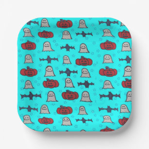 Fun Halloween Print on Blue Paper Plate