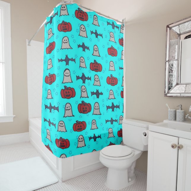 Fun Halloween Print on Blue  Shower Curtain (In Situ)
