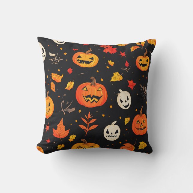 Fun Halloween Pumpkin and Leaves Print Cushion (Front)