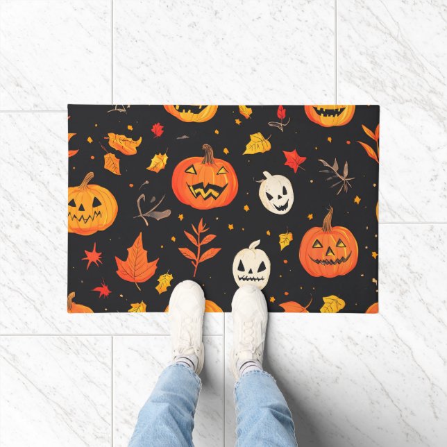 Fun Halloween Pumpkin and Leaves Print Doormat (Indoor)