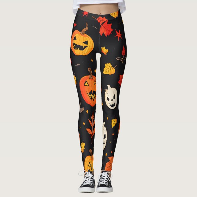 Fun Halloween Pumpkin and Leaves Print Leggings (Front)