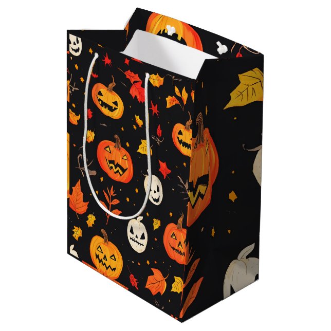 Fun Halloween Pumpkin and Leaves Print Medium Gift Bag (Back Angled)
