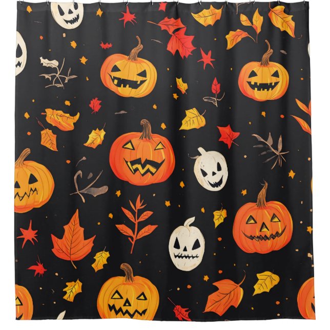 Fun Halloween Pumpkin and Leaves Print Shower Curtain (Front)