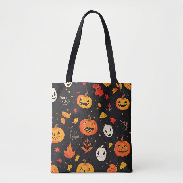 Fun Halloween Pumpkin and Leaves Print Tote Bag (Front)