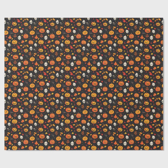 Fun Halloween Pumpkin and Leaves Print Wrapping Paper (Flat)