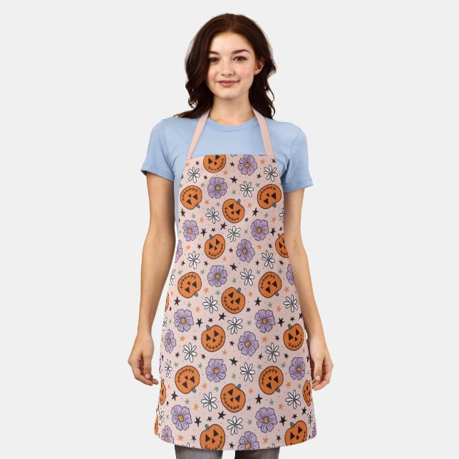 Fun Halloween Pumpkins and Flowers Pattern Apron (Worn)